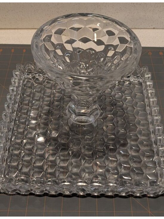 Vintage Fostoria American Clear Glass Square Cake Stand Cubist Pattern Rum Well - Picture 4 of 16
